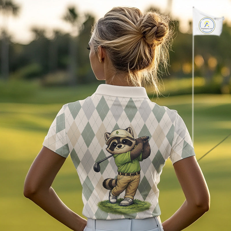Personalized Raccoon Golfer Polo Shirt Funny Golf Argyle Pattern Custom Name Golf Lover Gift for Womens 