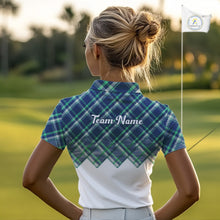 Load image into Gallery viewer, White Blue Argyle Pattern Womens Golf Shirt Golf &amp; Custom Name Womens Golf Polo Shirt NHT558