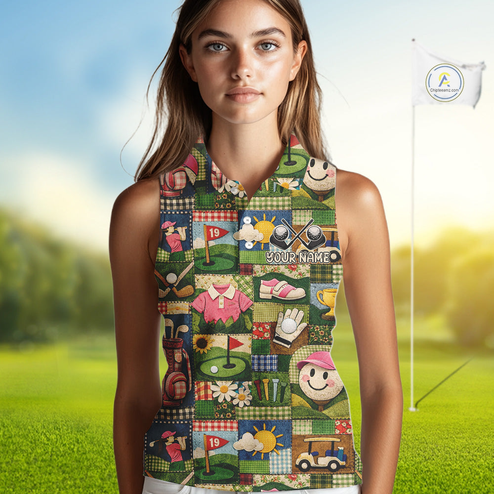 Funny Golf Patchwork Polo Shirt For Women, Personalized Womens Sleeveless Golf Polo Shirt, Vintage Quilt Golf Pattern NHT577
