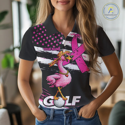 Pink Ribbon American Flag Flamingo Funny Women Golf Polo Shirts Custom Breast Cancer Awareness NHT798