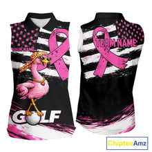 Load image into Gallery viewer, Pink Ribbon American Flag Flamingo Funny Women Golf Polo Shirts Custom Breast Cancer Awareness NHT798