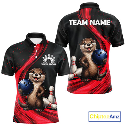 Front and back views of a black short-sleeve bowling-themed polo shirt with red graphic swirls, a cartoon otter holding a bowling ball, bowling pins, and customizable text areas reading TEAM NAME and YOUR NAME. A ChipteeAmz logo appears in the bottom right corner.