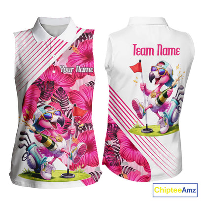 Custom Flamingo Funny Womens Sleeveless Golf Polo Shirt – Personalized Tropical Flower Design NHT595