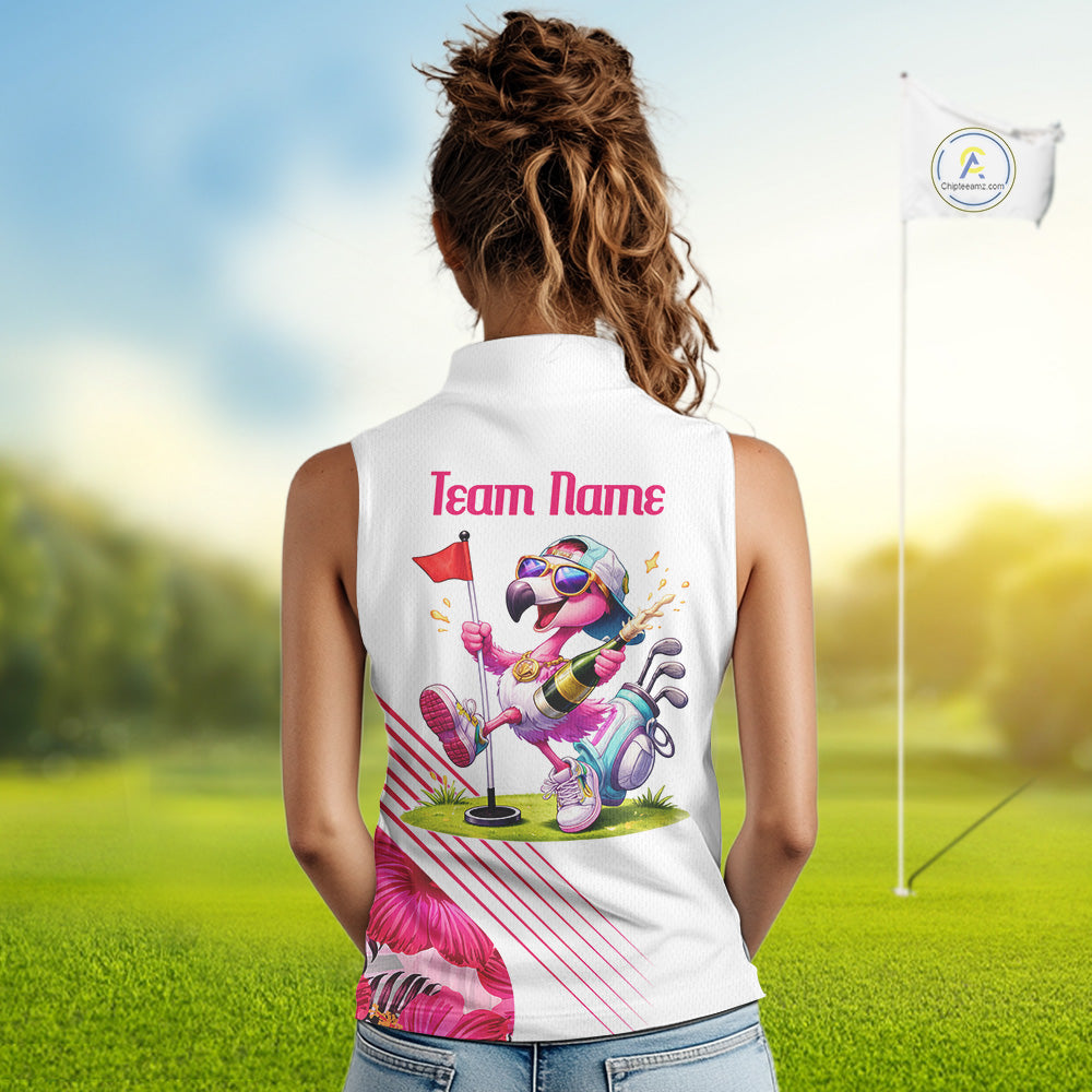 Custom Flamingo Funny Womens Sleeveless Golf Polo Shirt – Personalized Tropical Flower Design NHT595