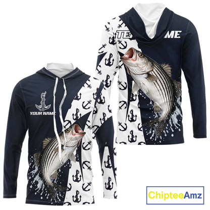Personalized Striped Bass Hooded  Fishing Shirts Long Sleeve With Pattern Anchor, Fishing Shirt Jersey NHT611