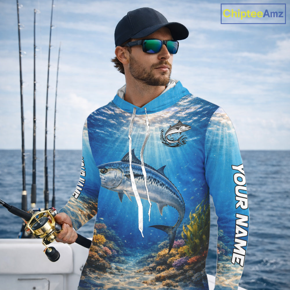 Personalized Offshore Fishing Jerseys, King Mackerel Fishing Shirts Long Sleeve Hooded For Men NHT823