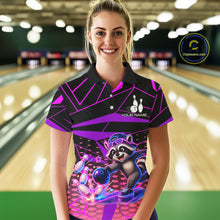 Load image into Gallery viewer, Person wearing a colorful bowling shirt with a raccoon design in a bowling alley.