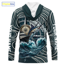 Load image into Gallery viewer, Marlin Fishing Hooded  Long Sleeve Shirt Ocean Wave Compass Design, UV Protection Performance Fishing Apparel NHT613