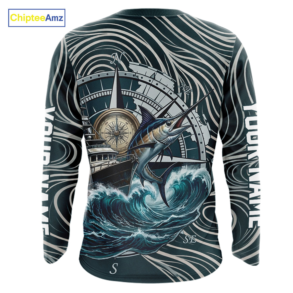 Marlin Fishing Long Sleeve Shirt Ocean Wave Compass Design, UV Protection Performance Fishing Apparel NHT613