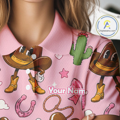 Personalized Women’s Western Polo Shirt Retro Pink Cowgirl Cartoon Pattern Custom Name