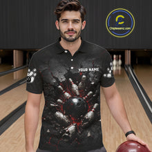 Load image into Gallery viewer, Man wearing a black bowling-themed shirt with a graphic design in a bowling alley.