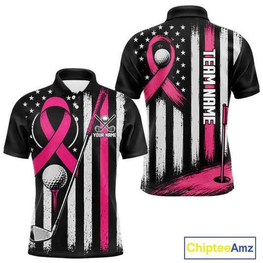 Front and back views of a black short-sleeve polo shirt with a distressed American flag design in white and pink, featuring a large pink ribbon, golf ball, golf club, and a target graphic. The back has 'TEAM NAME' printed vertically.