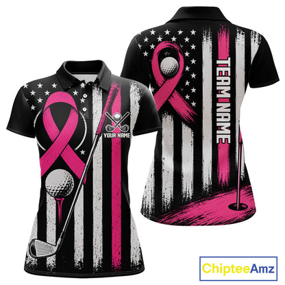 Black short-sleeve polo shirt with a pink and white distressed American flag design, featuring a large pink ribbon, golf ball, golf clubs, and the text 'TEAM NAME' on the back. Front and back views shown on a white background with a ChipteeAmz logo in the corner.
