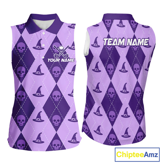Front and back views of a sleeveless polo shirt with a purple and lavender argyle pattern featuring skull and witch hat motifs, customizable text on the front, and 'TEAM NAME' on the back.