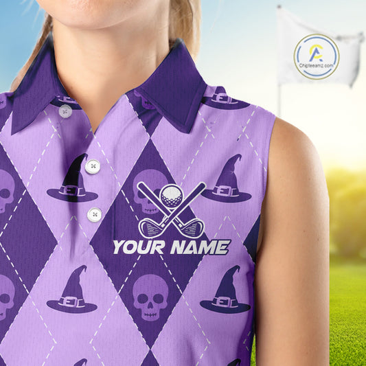 A close-up of a person wearing a sleeveless collared polo shirt with a purple and lavender argyle pattern featuring skulls, witch hats, crossed golf clubs, and a customizable 'YOUR NAME' chest graphic.