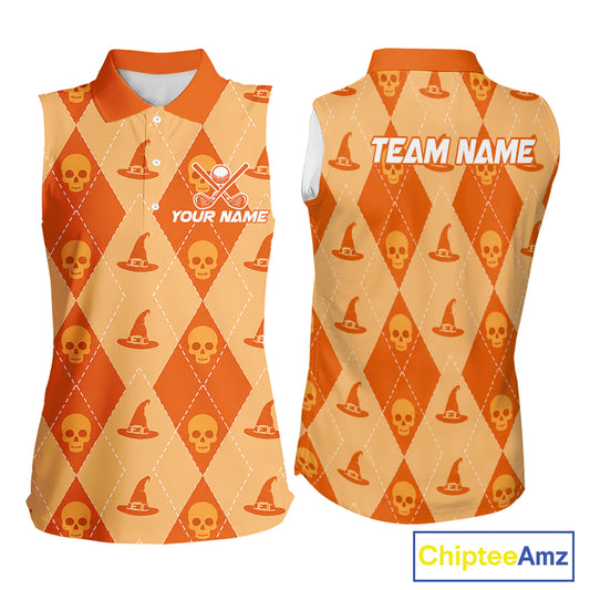 Front and back views of a sleeveless polo shirt with a Halloween-themed argyle pattern featuring orange and beige diamonds, skull and witch hat motifs, and customizable text placeholders.