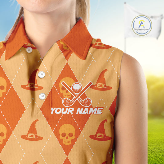 A close-up of a sleeveless polo shirt worn by a model, featuring a Halloween-themed argyle pattern with orange and tan diamonds, witch hats, skulls, crossed golf clubs and ball, and the text 'YOUR NAME'.
