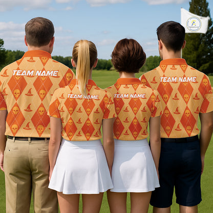 Custom Name Halloween Orange Witch Hat Men Golf Shirt, Personalized Argyle Skull Polo NHT1304