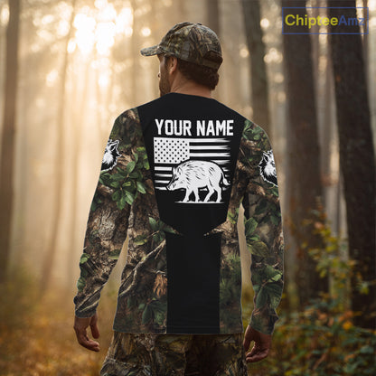 Custom Wild Boar Hunting 3D Shirt Black and Forest Camo with US Flag, Boar Hunting Gifts NHT181