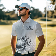 Load image into Gallery viewer, Personalized Flaming Golf Ball Mens Polo Shirt Gray Fire Design Custom Name Golf Shirts For Team NHT619