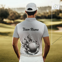 Load image into Gallery viewer, Personalized Flaming Golf Ball Mens Polo Shirt Gray Fire Design Custom Name Golf Shirts For Team NHT619