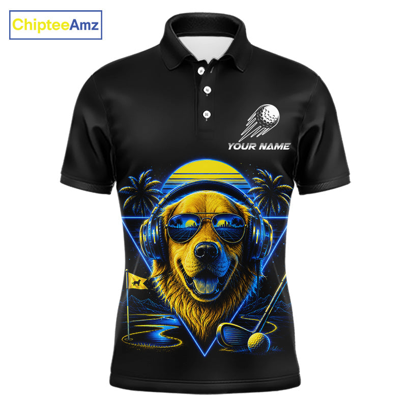 Personalized Golden Retriever Golf Shirt, Neon Blue Cyberpunk Dog Golf Polo Shirt For Men