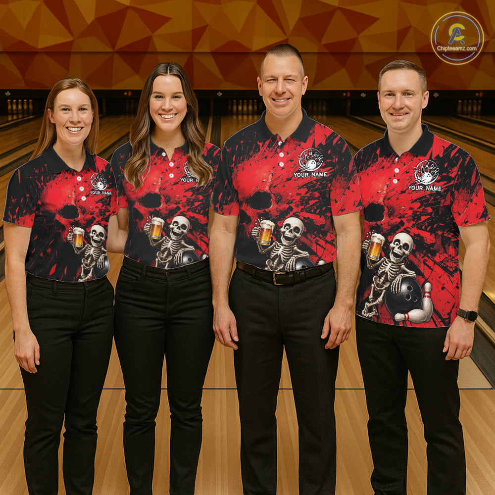 Custom Skeleton Beer Bowling Jersey, Red Splatter Skull Polo & Quarter-Zip Shirt Gift For Men NHT1165