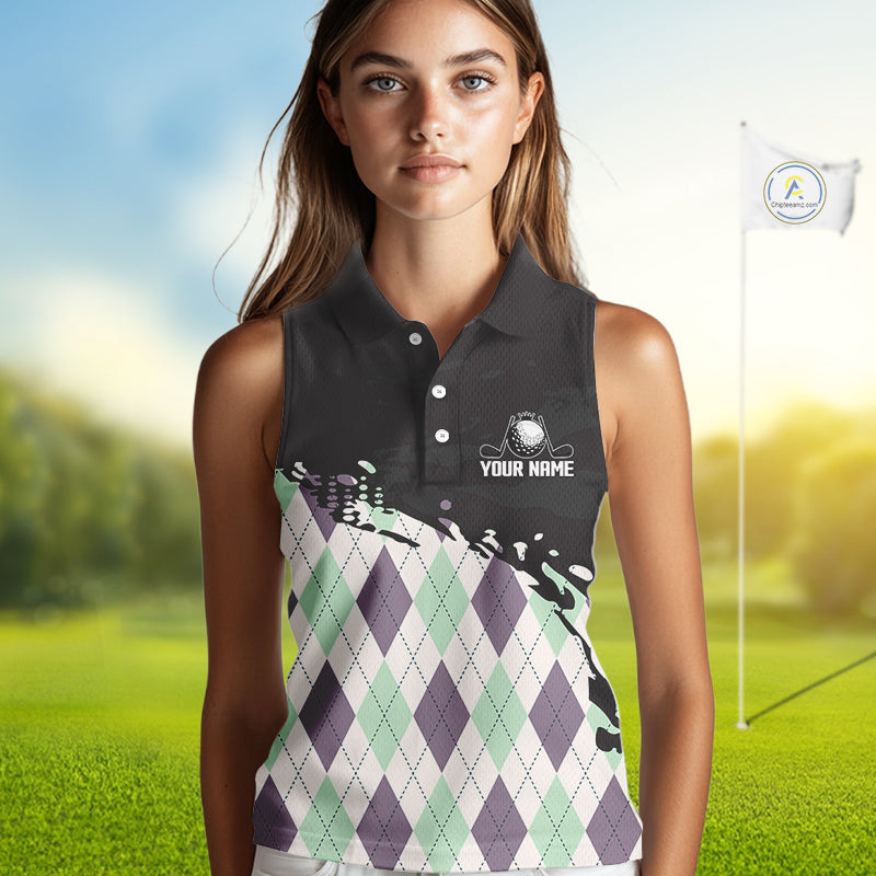 Custom Name Argyle Pattern Print Sleeveless Women Polo Shirt – Stylish Animal Print Golf Polo For Womens NHT857