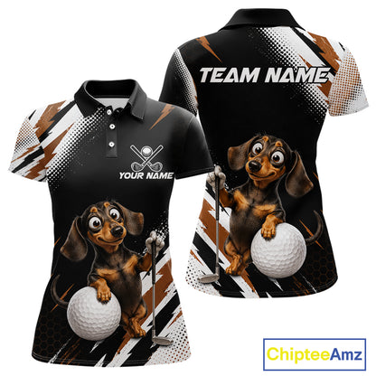 A custom short-sleeve polo shirt shown from both front and back views. The shirt features a black base with white and brown abstract diagonal stripes, a cartoon dachshund holding a golf ball and club, and customizable text areas reading 'TEAM NAME' and 'YOUR NAME'.