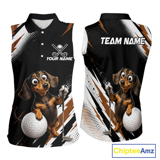 Front and back views of a sleeveless black polo-style shirt with a dachshund and golf ball graphic, white and brown brushstroke patterns, and customizable text areas including 'TEAM NAME' and 'YOUR NAME'.