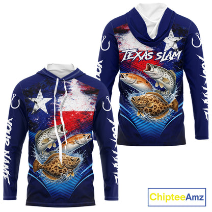 Texas Slam Redfish, Trout, Flounder Custom Fishing Shirts Long Sleeve Hooded, Texas Flag Fishing Shirt NHT505