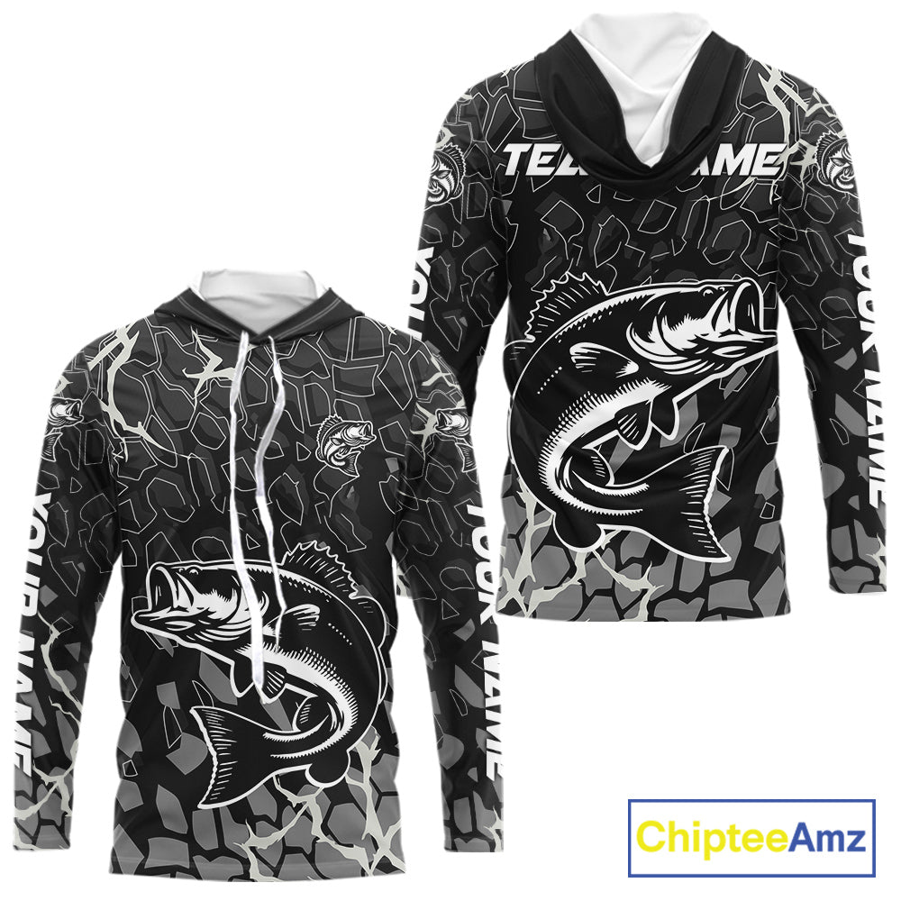 Custom Bass Fishing Black Camo Long Sleeve Hooded Fishing Shirts, Personalized Bass Fishing Jerseys NHT507