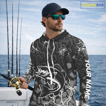 Custom Bass Fishing Black Camo Long Sleeve Hooded Fishing Shirts, Personalized Bass Fishing Jerseys NHT507