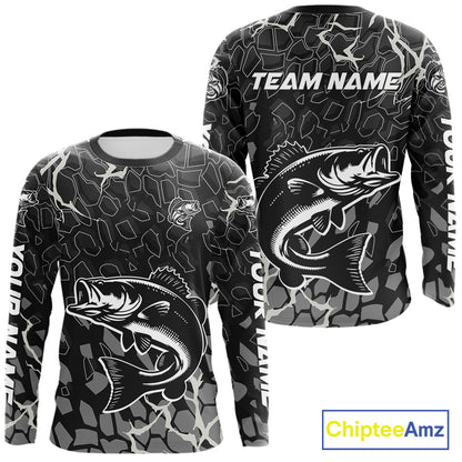 Custom Bass Fishing Black Camo Long Sleeve Fishing Shirts, Personalized Bass Fishing Jerseys NHT507