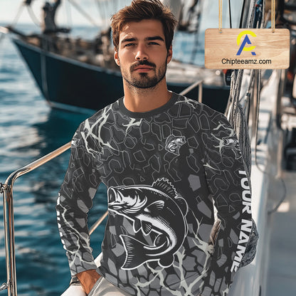 Custom Bass Fishing Black Camo Long Sleeve Fishing Shirts, Personalized Bass Fishing Jerseys NHT507
