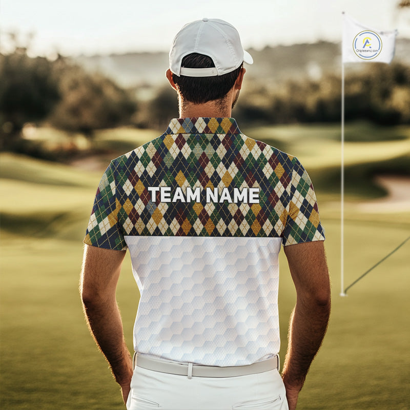 Person on a golf course wearing a patterned shirt with 'TEAM NAME' text