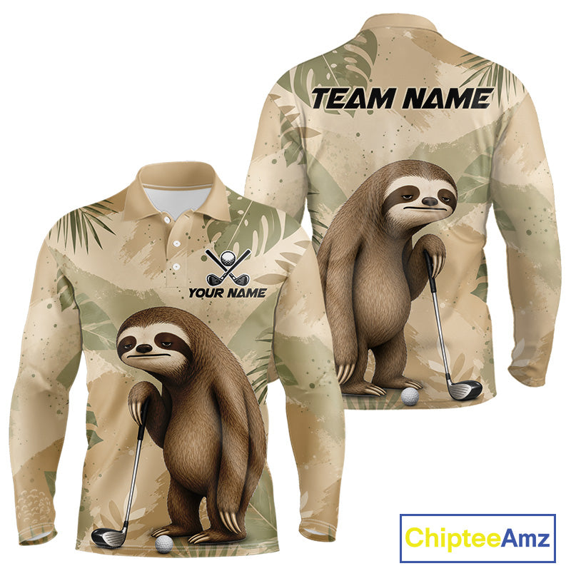 Front and back views of a long-sleeve polo shirt with a beige and green tropical camouflage pattern, featuring a printed sloth holding a golf club. The front has a polo collar, button placket, and customizable text/logo area.