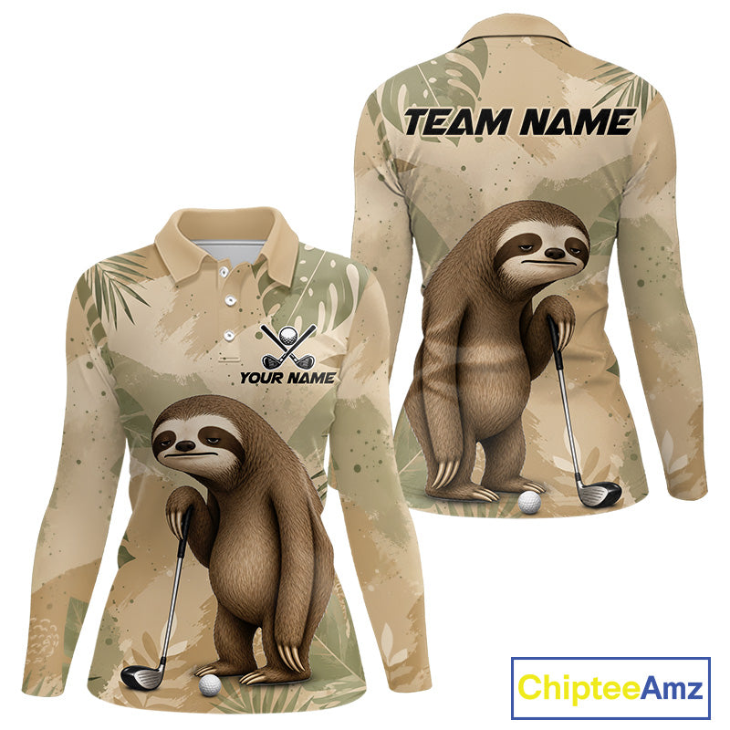 Front and back views of a long-sleeve polo shirt with an all-over tan and beige tropical camouflage pattern, featuring a cartoon sloth holding a golf club. The front has a polo collar, buttons, and customizable text/logo area, while the back shows 'TEAM NAME' and a large sloth graphic.