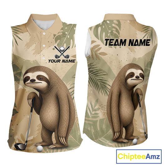 Front and back views of a sleeveless polo shirt with a 3D sloth graphic holding a golf club, on a beige tropical leaf pattern. Features customizable text areas on the front and a placeholder 'TEAM NAME' on the back.