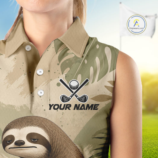 A sleeveless collared polo-style top worn by a cropped model, featuring a tan and olive camouflage pattern with tropical leaf motifs, crossed golf clubs and a golf ball graphic, the text 'YOUR NAME', and a sloth illustration at the bottom. A small circular 'YOUR NAME"