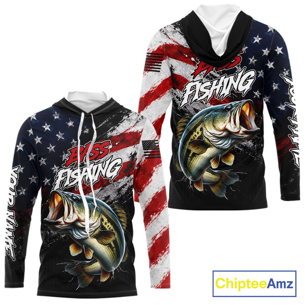 American Flag Bass Hooded Fishing Shirt For Men, Personalized Largemouth Bass Fishing Apparel