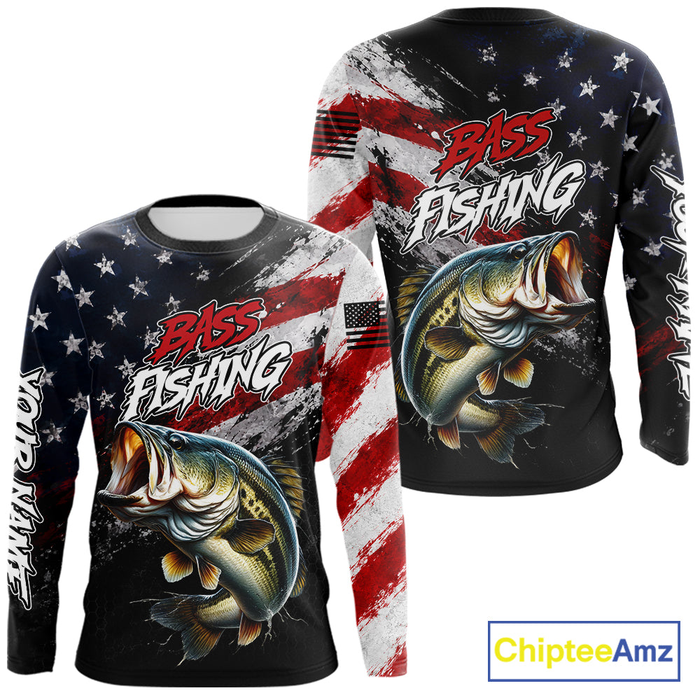 American Flag Bass Fishing Shirt For Men, Personalized Largemouth Bass Fishing Apparel