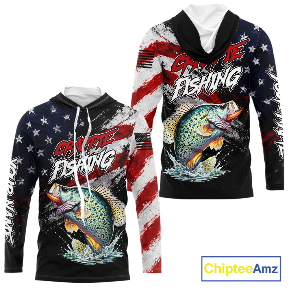 American Flag Crappie Hooded Fishing Shirt For Men, Personalized Crappie Fishing Apparel