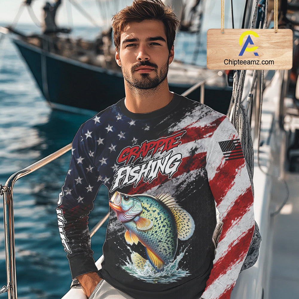 American Flag Crappie Fishing Shirt For Men, Personalized Crappie Fishing Apparel