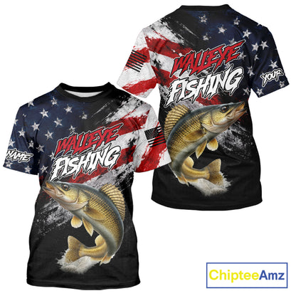 American Flag Walleye Fishing T-Shirt For Men, Personalized Walleye Fishing Apparel