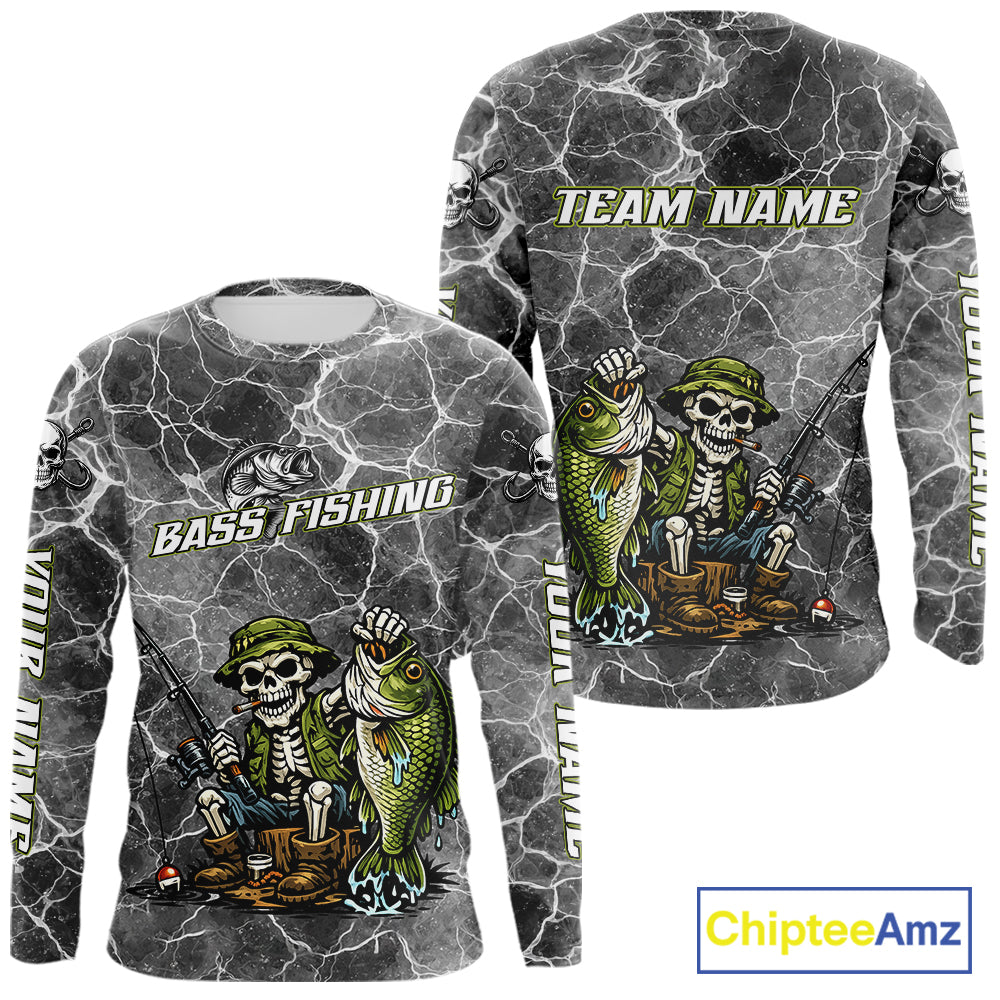 Custom Camo Gray Fish Reaper Skull Bass Long Sleeve Fishing Shirt, Bass Hunter Fishing Jerseys NHT678