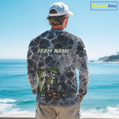 Custom Camo Gray Fish Reaper Skull Bass Long Sleeve Fishing Shirt, Bass Hunter Fishing Jerseys NHT678