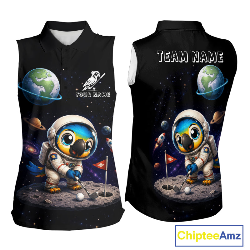 Personalized astronaut parrot womens sleeveless golf polo shirt for golfers, breathable polyester space bird design, casual sport style.