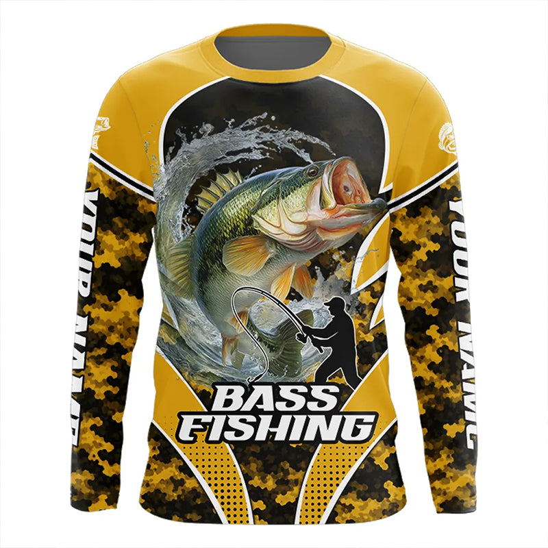 Personalized Bass Fishing Shirts Long Sleeve, UV Protection Shirt Customize Name Fishing | Yellow NHT396