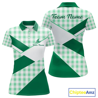 Custom Women’s Green Gingham Plaid Golf Polo Shirts– Personalized Ladies Golf Apparel NHT716